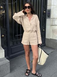 Women's Tracksuits Khaki Cotton Linen Shorts Suits 2 Pieces Street Style Women Oversize Shirts And Pants Vacation Sets