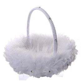 White Ostrich Feather Flower Girl Basket Elegant Round Silk Flower Basket Wedding Favours Wedding Accessory214x