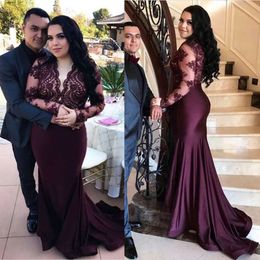Plus Size Special Occasion Dresses Burgundy Evening Dresses Prom Party Gown Mermaid Trumpet Formal V-Neck Long Sleeve Lace Elastic Satin New Custom Lace Up Zipper