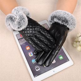 Fashion Women Warm Thick Leather Winter Gloves Elegant Women Ladies Brand Mittens Free Size With Rabbit Fur Female Gloves