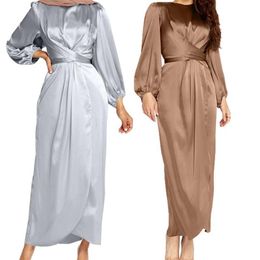 Women Arab Muslim Satin Puff Long Sleeve Maxi Dress Solid Color Wrap Front Self-Tie Abaya Dubai Turkey Hijab Robe Kaftan234z