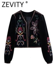 Women's Jackets Zevity Women Vintage Flower Embroidery National Style Short Coat Ladies Retro Open Stitching Casual Velvet Jacket Tops CT100 230918