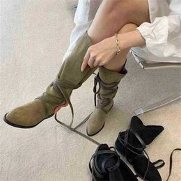 Women Boots Pointed Middle Tube Net Red Same Western Boot 's New Frosted Suede Lace Up Low Heeled Knight in Autumn 0709