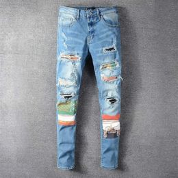 Vintage Patchwork Holes Blue Jeans Men Slim Fit Designer Royal Pattern Jeans Pants Men Big Size Hip Hop Party Trousers256l