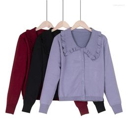 Women's Knits Purple Sweater Knitted Cardigan Button Jacket 2023 Autumn Ruffled Collar Long Sleeve Casual Jumper Tops For Women Loose Coat
