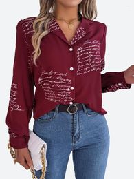 Women's Blouses Benuynffy Letter Printing Button Down Shirts 2023 Spring Fall Notched Neck Long Sleeve Tops Casual Work Blouse