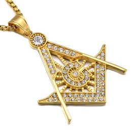 Stainless Steel Masonic Symbol Necklaces Men s Micro Pave Rhinestone Pendant Gold & Silver plated Titanium chains For women Punk J296E