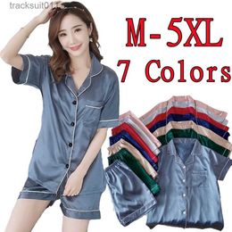 Women's Sleepwear ReadyStock Pyjamas Satin Women Sleepwear Pajamas Set/Suit Silk Short sleeve Cute Baju Tidur M-5XL Nightwear L230918