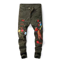 2019 New Hip Hop Famous Flower Phoenix Embroidered Jeans Straight Slim Fit Mens Army Green Biker Hole Distressed Denim Trousers251A