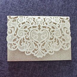 Luxury glitter gold wedding invitations transparent envelop personalized inserts rose laser cutting party pocket invitno inner no273U