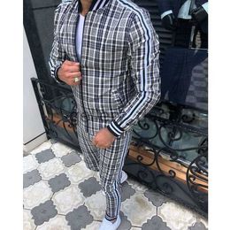 Men's Tracksuits 2023 NEW Men's Tracksuit Sets 3D Print Gentlemen Plaid Jacket+Pants 2 Piece Set Sportwear Gym Sports Suit Casual Man Clothing J230925