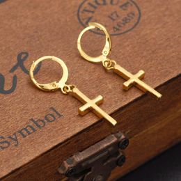 Exclusive Special Design Christian Vogue Womens True Real 14K Solid Fine Yellow Gold GF Crucifix Cross Timeless Charm Earrings2566