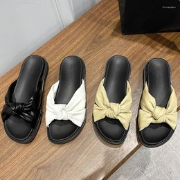 Sandals 2023 Summer Rubber Shoes Ladies Thicken Soled Platform Slides Soft Leather Twist Bow Slippers Woman Cozy Flipflops Femme