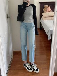 Women's Jeans Light Blue Summer Korean Fashion Straight-leg Pants Denim High Waist Boyfriend Streetwear Cargo Casual 2023