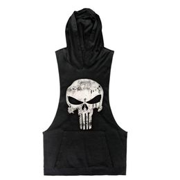 Whole- 2016 New Brand Skull sleeveless Shirt Casual Fashion Hooded Gyms Tank Top Men bodybuilding Fitness Brand Clothing245L