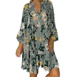 Casual Dresses Summer Autumn Floral Print Ruffle Dress Vintage V Neck Flared Long Sleeves Loose Boho Beach Women Button Robe
