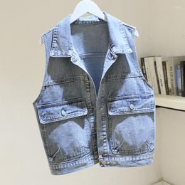 Women's Vests Light Blue Big Pocket Denim Vest Women Waistcoat Loose Short Sleeveless Jacket Coat Spring Korean Fashion Jeans Female