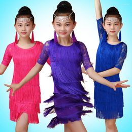 Stage Wear 2023 Summer 100-160cm Girl Kids Fringe Tassel Skirt Latin Dresses For Ballroom/Salsa/Tango Show Dancing Purple/Blue/Pink