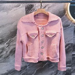 European fashion new design women's star same style pink Colour corase wool knitted turn down collar long sleeve sweater jacke244x