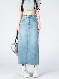 Skirts Vintage Long Denim Skirt Women Classic Cotton Blue High Waist A-line Jeans Summer 2023 Chic