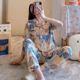 Women's Sleepwear Women Clothes For Summer Spring Pyjamas Sets Floral Cardigan Long Pants Pijamas Mujer Short Sleeve Milk Silk Pyjamas
