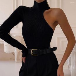 Women's Blouses Women Bodysuit One-piece Top Soft Knitted Turtleneck Stylish One-shoulder Design For A Warm Elastic Skinny