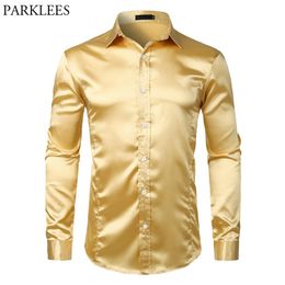 Gold Smooth Silk Satin Dress Shirt Men Slim Fit Long Sleeve Chemise Homme Casual Wedding Club Party Prom Tuxedo Shirt Male S-2XL236t