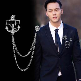 Korean Fashion New Personalised Tassel Anchor Brooch with Chain Fringed Metal Brooches Lapel Pin Badge Male Suit Men Accessories246L