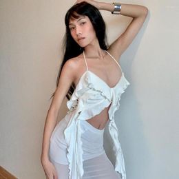 Women's Tanks Summer Ruffled Ribbon Halter Neck Camis Crop Top Sweet Sexy Slim Camisole Tank Women Clothing