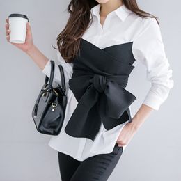 Women's Blouses Shirts Summer Korean Fashion Tie Shirt Blouse Female Black Bow Long Sleeve White Shirt OL Lady Office Shirt Plus Size Women Tops 230918