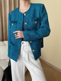 Women's Jackets Loose Fit Blue Elegant Tassels Tweed Jacket Round Neck Long Sleeve Women Coat Fashion Tide Spring Autumn O601