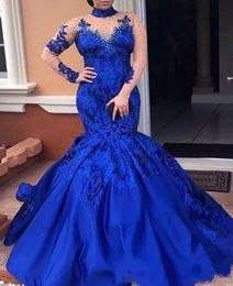 Plus Size Special Occasion Dresses Evening Dresses Mermaid Prom Party Gown New Custom Lace Up Zipper Lace Trumpet Long Sleeve Illusion High Neck Satin Royal Blue