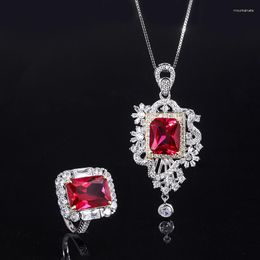 Necklace Earrings Set S925 Full Body Silver Tiktok Women's Red Treasure Pendant Ring Main Stone 10 12 14