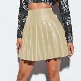 Skirts High Waist Skirt Faux Leather Stylish Women's Pleated A-line Design Loose Hem For Clubwear