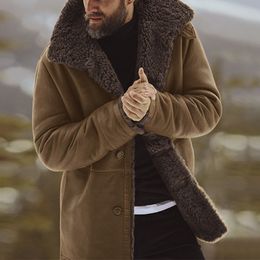 QNPQYX Winter Mens Fleece Jacket Lapel Collar Vintage Style Warm Thick Fur Jackets Slim Fit Single-breasted Men Solid Color Long Coat