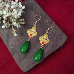 Dangle Earrings Jade Water Drop Jewelry Green Natural Chinese Gift Energy Carved Women 925 Silver Vintage Amulets Amulet Talismans