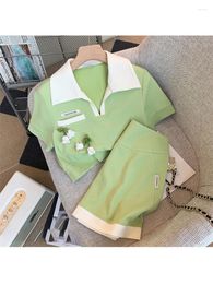 Work Dresses 2023 Spring Korean Fashion Light Green Preppy Style Two-piece Set Women Summer Polo Collar Casual Top Shorts Female 2 Piece