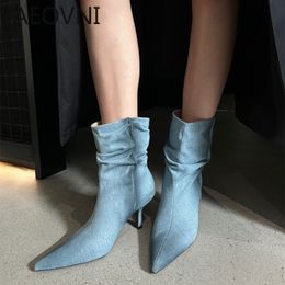 Boots Sexy Denim Ankle For Women Fashion Pleated Short Female Elegant Thin Heel Womens Winter Pointed Toe Footwear 230915