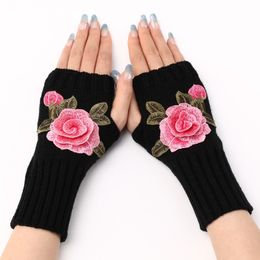 Flower Rose Winter Gloves Soft Knited Arm Warmer Fingerless Mittens for women Girls Fashion