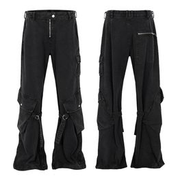 Men's Jeans Fashion Street Wear Black Flare Pants Y2K Ribbon Multi Pocket Zipper Unisex 2023 AutumnWinter 230918