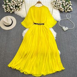 Casual Dresses A-Line Sexy Summer New Women Elegant Mid-length Pleated Dress With Belt Round Neck Half Sleeve Ladies Chiffon Dress255d