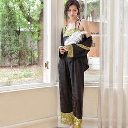 Women's Sleepwear 3PCS Sleep Set With Trousers Print Flower Spring Women Pajamas Suit Satin Kimono Robe Gown&Sling&Pants Sexy Autumn