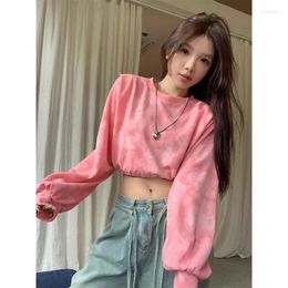 Women's Hoodies Women Top Designed Drawstring Long Sleeve Sweater Loose Versatile Shirt Round Neck Tie Dye Revealing Sweet Waist