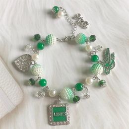 Link Chain Hand Made Greek Sorority Green White Pearl Diy Links Inc Roes Heart 1946 Charm Bracelet Lady Fashion Jewelry293j