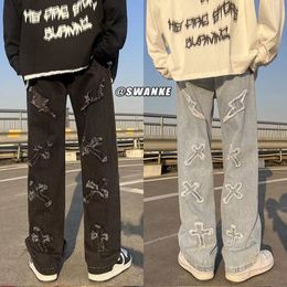 Men's Jeans 2023 Hiphop Street Lightning Patch Loose Casual Wide Leg Fashion European Style y2k jeans Man pants 230918