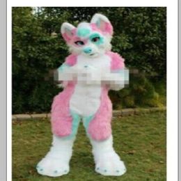 2019 Profession made Pink Long Fur Furry Fox Wolf Husky Dog Mascot Costume Fursuit Adult Cartoon Christmas party176a