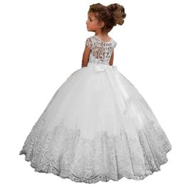 2020 Holy Lace Tulle Princess Flower Girl Dresses Floor Length Capped Sleeve Pageant Ball Gowns Birthday Party Dresses2761