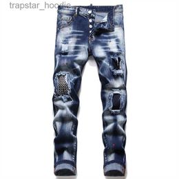 Mens Jeans Men Slim Fit Stretchy Beggar Jeans Ripped Badge Skinny Mens Denim Pants 5Pocket Regular Cotton Jean Destroyed Hole Clothing Pant Hip Hop Casual Trousers 12