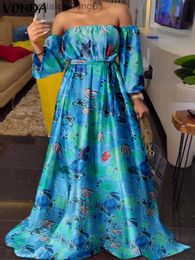 Basic Casual Dresses Plus Size 5XL VONDA Dress 2023 Women Summer Floral Printed Maxi Sundress Sexy Off Shoulder 3/4 Sleeve Casual Vestidos Belted L230918