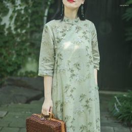 Ethnic Clothing Chinese Traditional Cheongsam Dress Women Cotton Linen Casual Qipao Floral Printing Oriental Hanfu